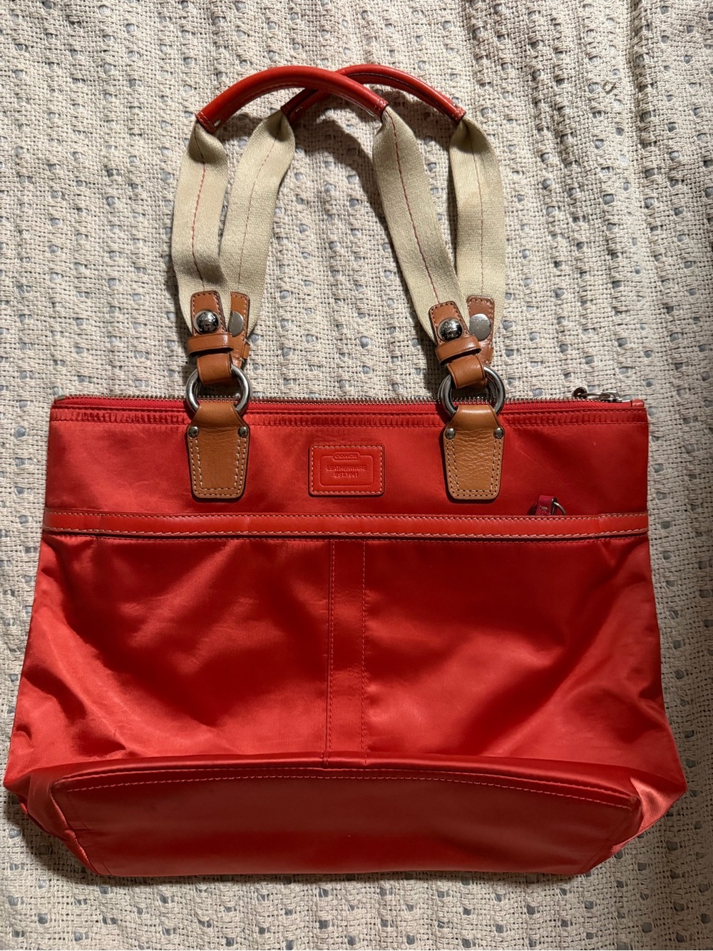 Coach Red Tote with Tan Leather Accents and Cream Canvas Handles